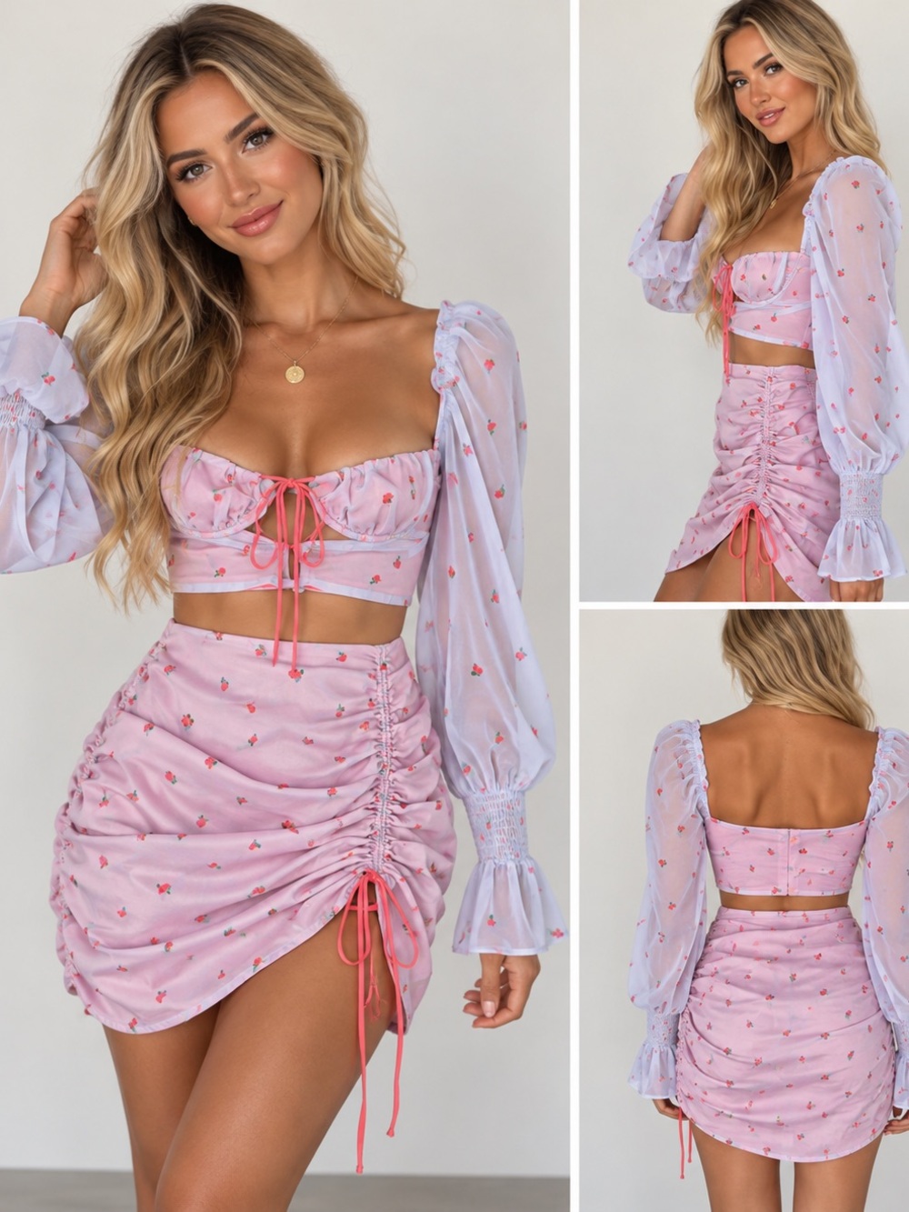 White Fox Boutique Pink Floral Backless Two-Piece Skirt Set